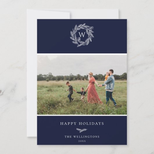 冬のリースモノグラムホリデーフォトカードブルー シーズンカード (正面)