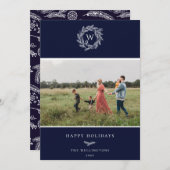 冬のリースモノグラムホリデーフォトカードブルー シーズンカード (正面/裏面)