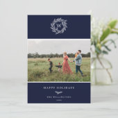 冬のリースモノグラムホリデーフォトカードブルー シーズンカード (スタンド正面)