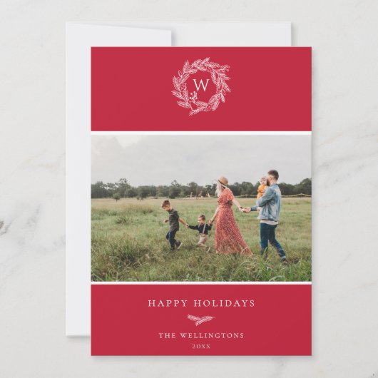 冬のリースモノグラムホリデーフォトカードレッド シーズンカード (正面)