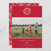 冬のリースモノグラムホリデーフォトカードレッド シーズンカード (正面/裏面)