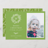 冬のリースモノグラムホリデーフォトカード |緑 シーズンカード (正面/裏面)