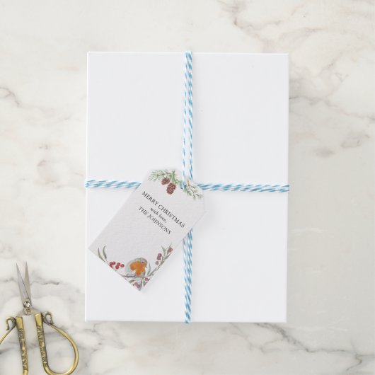 冬のリースロビンミスタントーとパインクリスマス ギフトタグ (より糸付き)