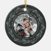 冬のリース |クリスマス結婚したの最初の写真 セラミックオーナメント (正面)