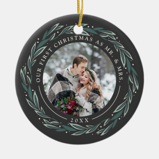 冬のリース |クリスマス結婚したの最初の写真 セラミックオーナメント (正面)