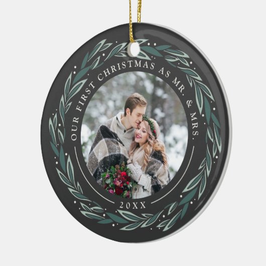 冬のリース |クリスマス結婚したの最初の写真 セラミックオーナメント (左)