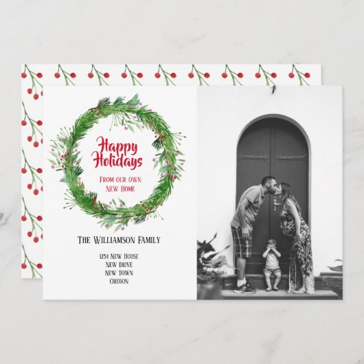 冬のリース 新しい家でのホリデー フォトカード シーズンカード (正面/裏面)