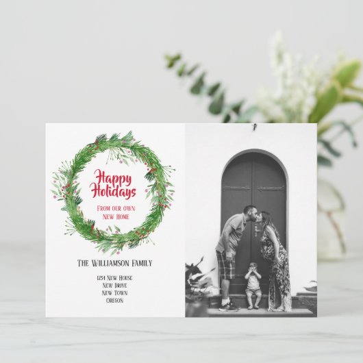 冬のリース 新しい家でのホリデー フォトカード シーズンカード (スタンド正面)