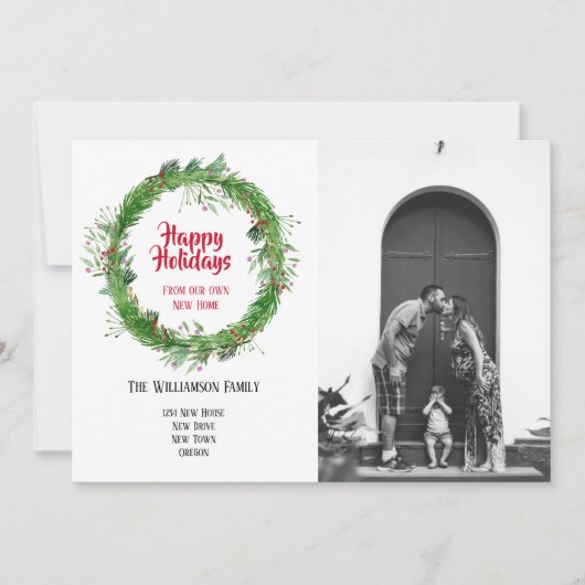 冬のリース 新しい家のお祝い ホリデー フォトカード シーズンカード (正面)
