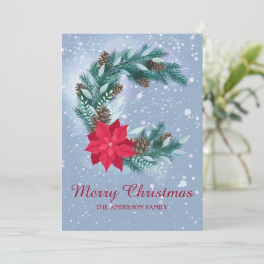 冬のリース,水色,ポインセチア,松のコーン シーズンカード (スタンド正面)