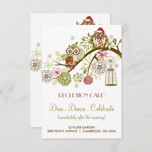 冬のレトロなフクロウの花のホリデー受付カード 招待状 (正面/裏面)