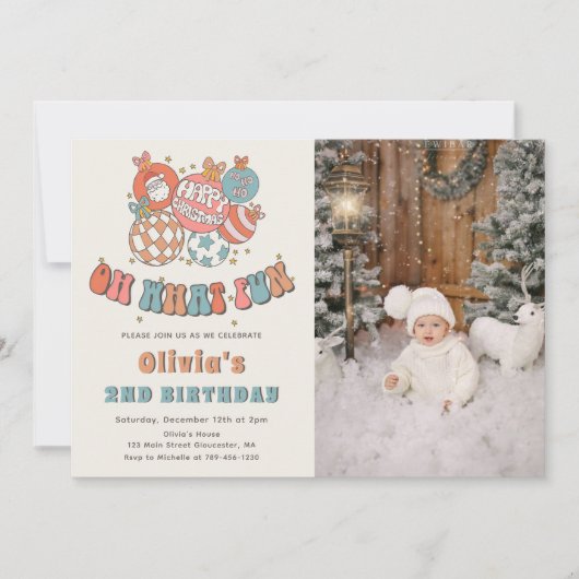 冬のレトロサンタクロースのクリスマス誕生日写真 招待状 (正面)