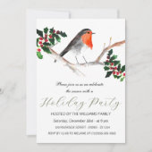 冬のロビンとホーリーのホリデーパーティー水彩画 シーズンカード (正面)