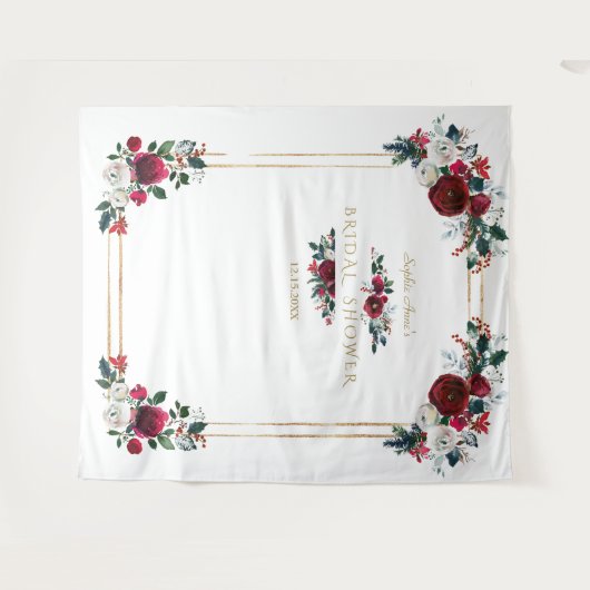 冬のワインレッド フラワーブライダルシャワー フォトプロップ タペストリー (正面(横))