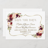 冬のワインレッド フラワー ピン ゴールド Save The Date セーブザデート (正面/裏面)