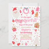 冬のワンダフルピンククリスマス誕生日パーティー 招待状 (正面)