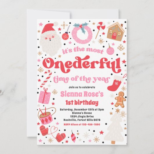 冬のワンダーフルピンクのクリスマス誕生日パーティー 招待状 (正面)