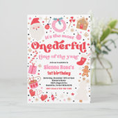 冬のワンダーフルピンクのクリスマス誕生日パーティー 招待状 (スタンド正面)