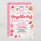 冬のワンダーフルピンクのクリスマス誕生日パーティー 招待状 (正面/裏面)