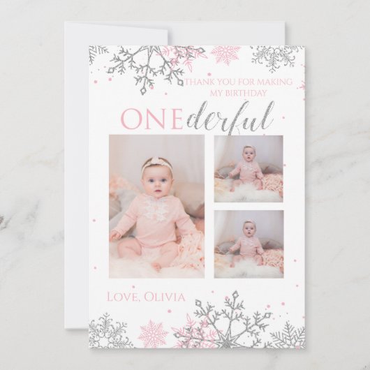 冬のワンダーランドありがとうピンクの銀の雪 サンキューカード (正面)
