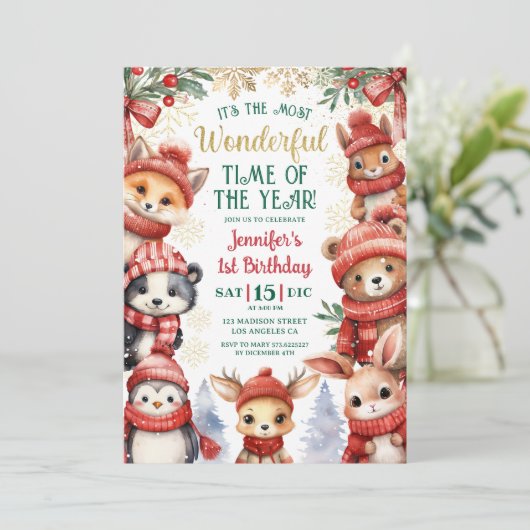 冬のワンダーランドかわいい冬の動物の誕生日1日 招待状 (スタンド正面)