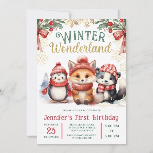 冬のワンダーランドかわいい雪の動物たち1st誕生日 招待状 (正面)