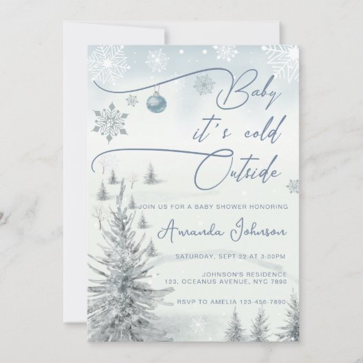 冬のワンダーランドその冷たい外の男の子の赤ちゃんシャワー 招待状 (正面)