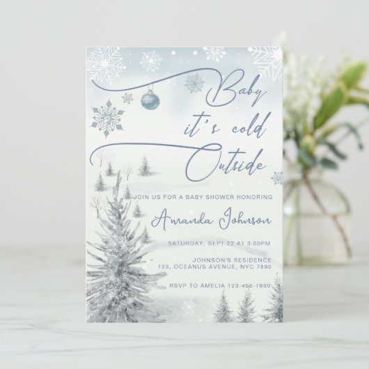 冬のワンダーランドその冷たい外の男の子の赤ちゃんシャワー 招待状 (スタンド正面)