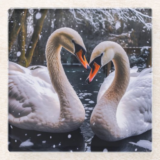 冬のワンダーランドにロマンチックな白鳥 ガラスコースター (正面)