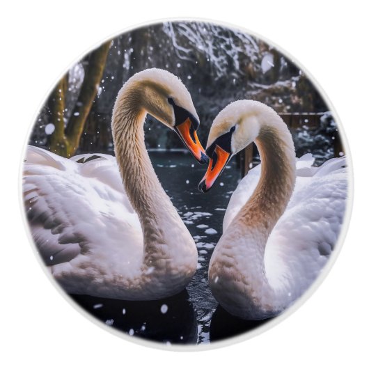 冬のワンダーランドにロマンチックな白鳥 セラミックノブ (正面)