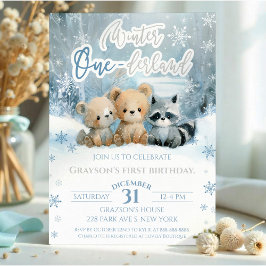 冬のワンダーランドのクマのベイビーブルーの1歳の誕生日 招待状