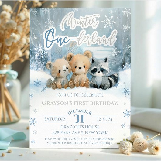 冬のワンダーランドのクマのベイビーブルーの1歳の誕生日 招待状