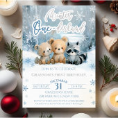 冬のワンダーランドのクマのベイビーブルーの1歳の誕生日 招待状