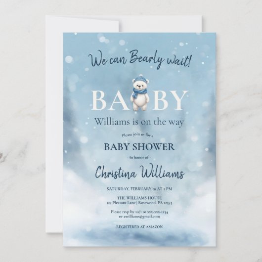 冬のワンダーランドのクマ男の子の赤ちゃんシャワー 招待状 (正面)