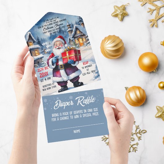 冬のワンダーランドのクリスマスサンタベビーシャワー オールインワン招待状