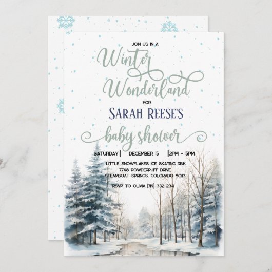 冬のワンダーランドのクリスマスベビーシャワー 招待状 (正面/裏面)