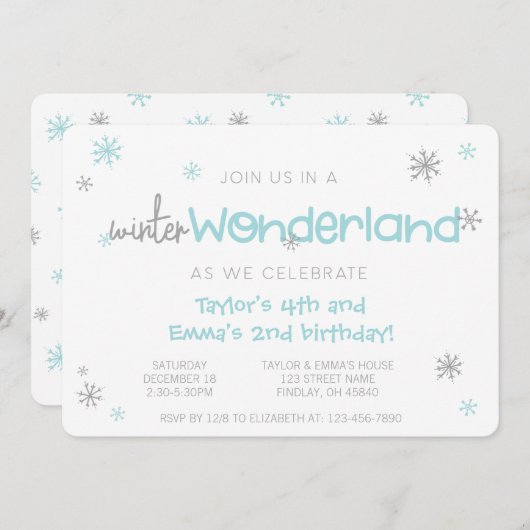 冬のワンダーランドの共同誕生日パーティー、任意の年齢 招待状 (正面/裏面)
