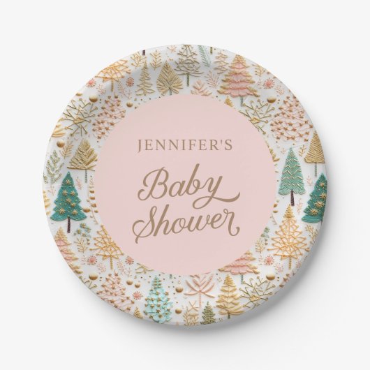 冬のワンダーランドの女の子の赤ちゃんシャワー歓迎サイン ペーパープレート (正面)