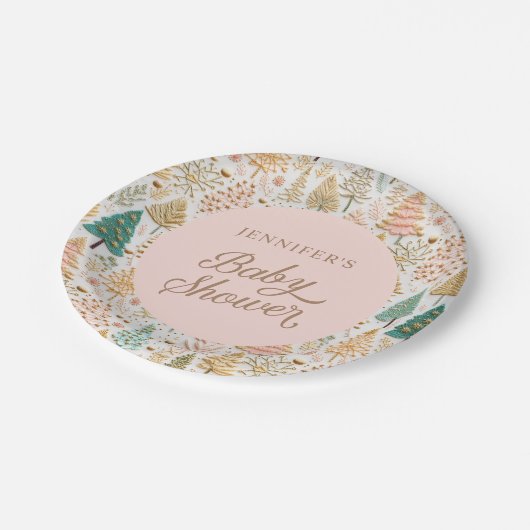 冬のワンダーランドの女の子の赤ちゃんシャワー歓迎サイン ペーパープレート (アングル)