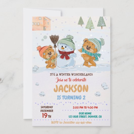冬のワンダーランドの招待テディベア誕生日 招待状 (正面)