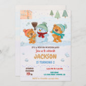 冬のワンダーランドの招待テディベア誕生日 招待状 (正面/裏面)