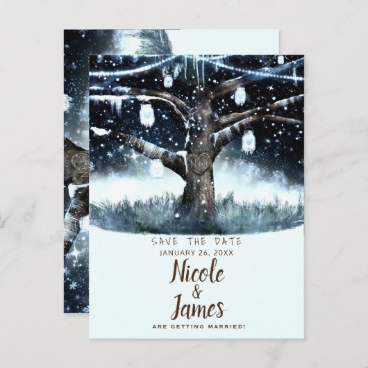 冬のワンダーランドの木のライト&ジャース日付を保存 案内ポストカード (正面/裏面)