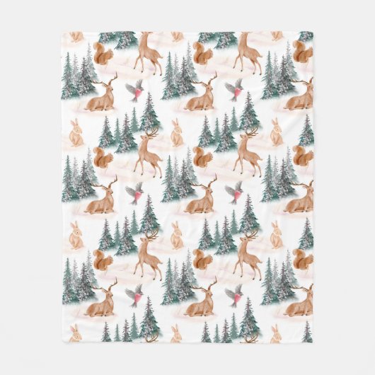 冬のワンダーランドの森のクリスマス動物 フリースブランケット (正面)
