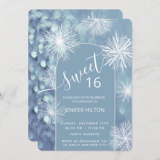 冬のワンダーランドの水の色のスノーフレーク甘い16 招待状 (正面/裏面)