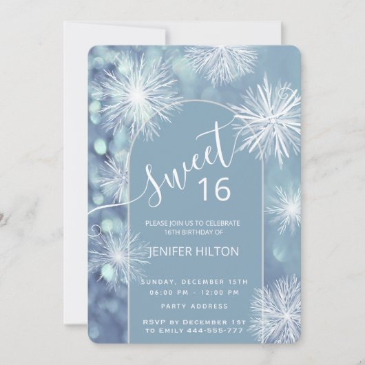 冬のワンダーランドの水の色のスノーフレーク甘い16 招待状 (正面)