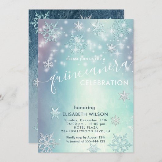 冬のワンダーランドの雪の結晶キンセアニェラインビタット 招待状 (正面/裏面)