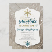 冬のワンダーランドの雪片テーマボーイベビーシャワー 招待状 (正面/裏面)