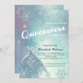 冬のワンダーランドの青いドレスきらびやかなキンセアニラ 招待状 (正面/裏面)