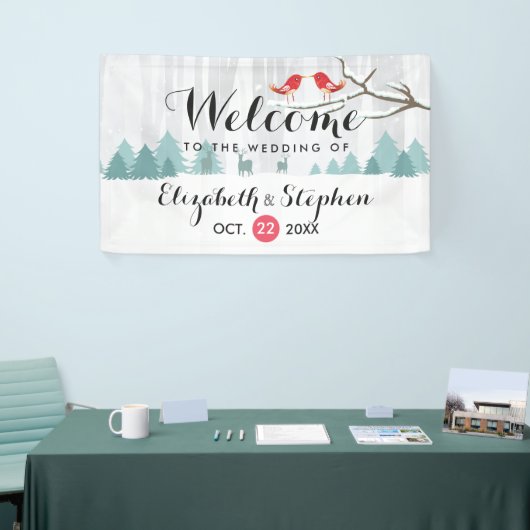 冬のワンダーランドの鳥とトナカイ結婚のバナー 横断幕 (トレードショー)