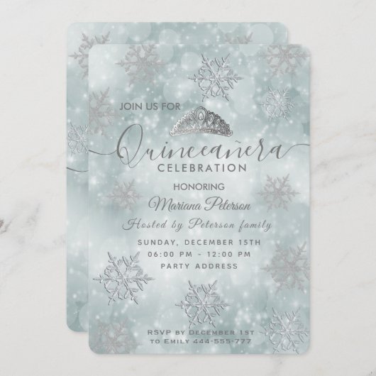 冬のワンダーランドほこりっぽい青いティアラQuinceaenera 招待状 (正面/裏面)